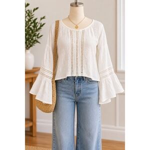 Express White Cotton Gauze Bell Sleeve Lace Trim Boho Blouse Top XL